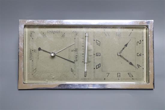 An Art Deco chrome clock barometer, width 24cm height 13cm